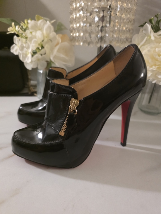 Christian Louboutin Shoes - Christian Louboutin Black Patent High-Heel Loafer with Red Sole and Gold Zip